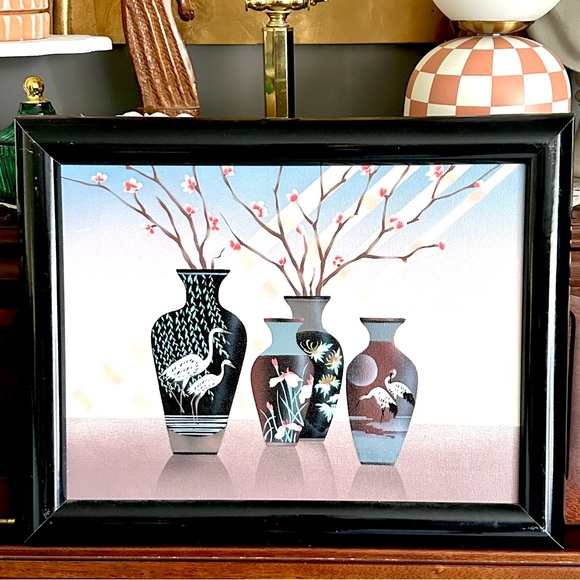 Vintage 90s Airbrushed Canvas Art Asian Vases Cranes Blossoms Framed Painting - Picture 2 of 9